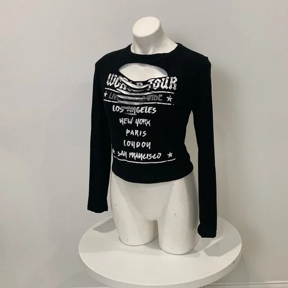 NEW Fashion Nova World Tour LA NY London Paris🌆 Black Laser Cut T Shirt L - Picture 12 of 16